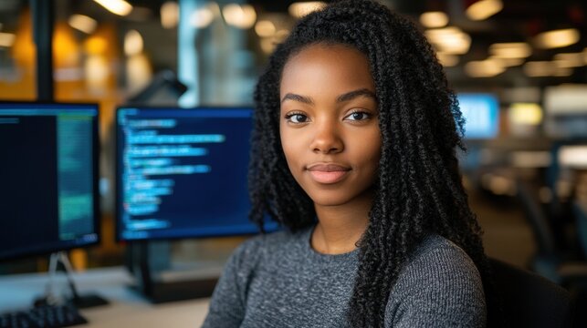 A young Black woman sits confidently in a tech workspace, focused on her screen with coding visible. She embodies professionalism and innovation in software development.