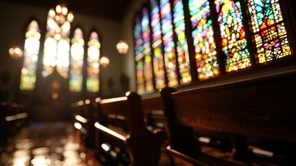 Interior of a serene church showcasing colorful stained glass windows with soft lighting