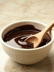 Rich chocolate sauce prepared in a white bowl with wooden spoon on a kitchen counter. Generative AI