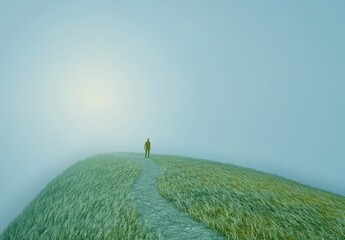 Solitude in Nature: A Figure Standing on a Misty Green Hilltop