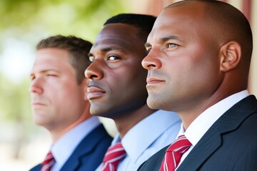 Professional businessmen in suits standing in a row looking determined and focused symbolizing corporate ambition leadership success teamwork and strategic thinking