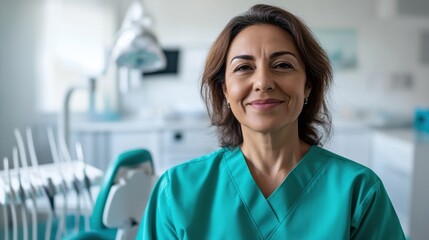 Fototapeta premium A portrait of a middle-aged Hispanic woman working as a dental assistant, showcasing a warm smile in a modern clinic environment.
