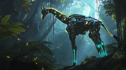 A robotic giraffe standing in a lush, vibrant jungle with beams of light filtering through dense foliage, illuminated by glowing neon accents
