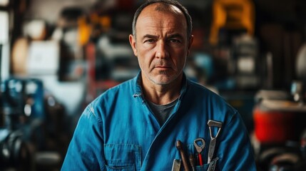 Obraz premium A portrait of a middle-aged European male mechanic in a workshop. The serious expression conveys professionalism, showcasing his skilled background with tools.