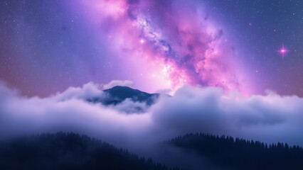 Majestic Night Landscape with Pink and Purple Milky Way Galaxy over Foggy Mountains