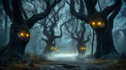 Enchanted Forest: Mysterious, surreal trees with glowing eyes line a misty path. A captivating, atmospheric image. 