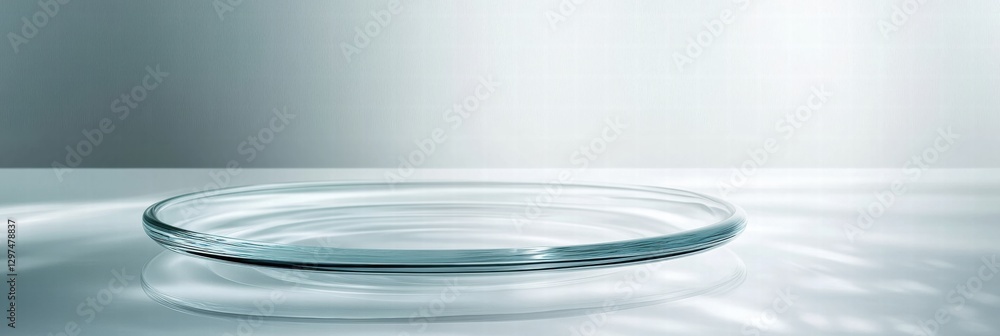 Poster Elegant glass plate on a minimalist surface reflecting soft light in a contemporary setting. Generative AI
