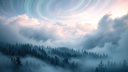Misty Forest Mountain Landscape at Sunrise with Cosmic Sky