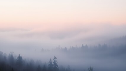 Misty Mountain Forest at Sunrise Soft Pink and Blue Hues
