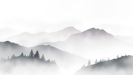 Misty Mountain Landscape Grey and White Peaks Emerging from Fog