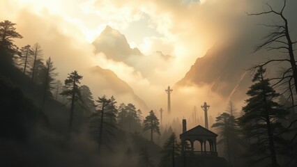 Misty Mountain Sunrise with Ancient Ruins and Golden Light