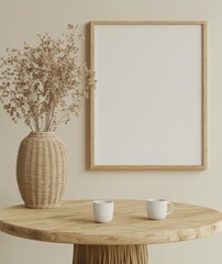 Empty frame, dried flowers, wooden table, minimalist interior