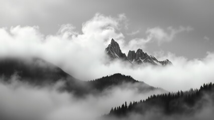 Monochrome Mountain Peak Emerging from Foggy Landscape