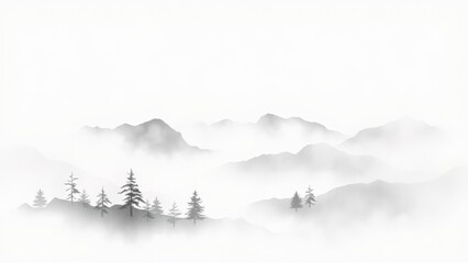 Monochrome Misty Mountain Landscape with Fog and Trees