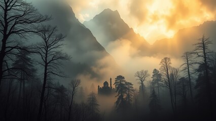 Misty Mountain Sunrise with Forest and Castle Silhouette