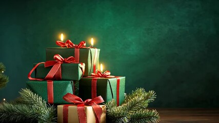 Festive green presents with ribbons and glowing candles create a warm holiday atmosphere