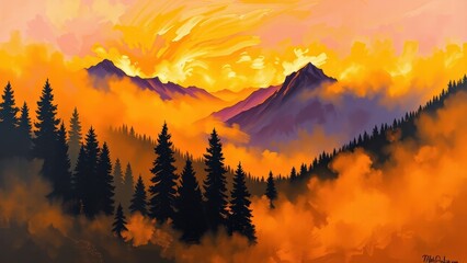 Orange and Purple Sunset Over Foggy Mountains