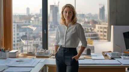 A confident young female architect stands in her modern office, showcasing her work among blueprints and models against a vibrant city backdrop.