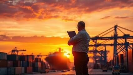 Silhouette of Man Reviewing Documents at Sunset Port with Cargo Ships and Cranes