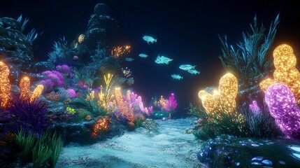 Underwater Coral Garden: A vibrant underwater scene featuring a diverse collection of coral reefs, with neon colored corals, creating a mesmerizing and colorful aquatic environment.