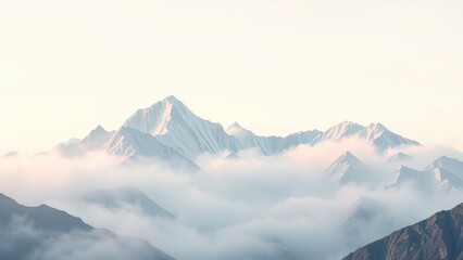 Snowy Mountain Peaks Emerging from Clouds at Sunrise