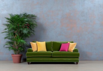 Obraz premium Cozy Green Sofa with Colorful Cushions and Plant Against Wall