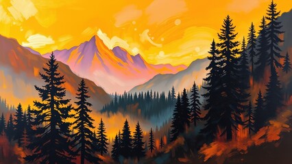 Vibrant Sunset Over Majestic Mountains and Silhouetted Forest