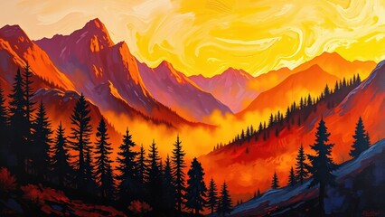 Vibrant Sunset Over a Mountain Range with Fog and Coniferous Trees