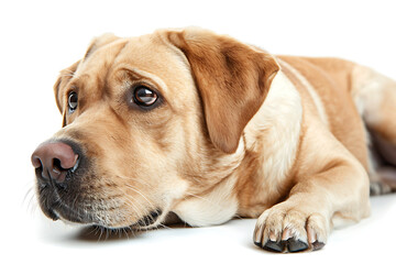 Obraz premium pet portraits, a labrador bulldog reclining on a white surface, looking lovingly at its owner
