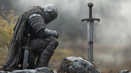The Knight's Lament: A lone knight, clad in weathered armor, kneels in a moment of somber reflection beside a gleaming sword, set against a misty, atmospheric landscape.