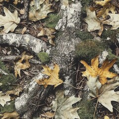 Fototapeta premium Maple Tree Roots Branches and Maple Leaves Camo, Seamless Pattern Texture