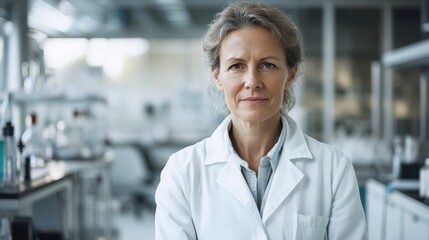 Fototapeta premium A middle-aged female scientist stands confidently in a modern laboratory, wearing a lab coat and surrounded by scientific equipment, showcasing her dedication to research and innovation.