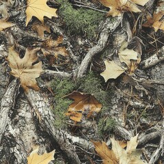 Maple Tree Roots Branches and Maple Leaves Camo, Seamless Pattern Texture