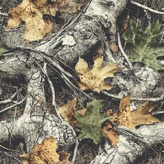 Maple Tree Roots Branches and Maple Leaves Camo, Seamless Pattern Texture