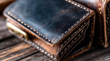 Close-up view of a vintage leather wallet resting on a rustic wooden surface showcasing craftsmanship