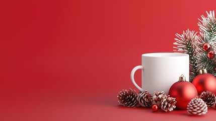 Festive red mug mockup with ornaments