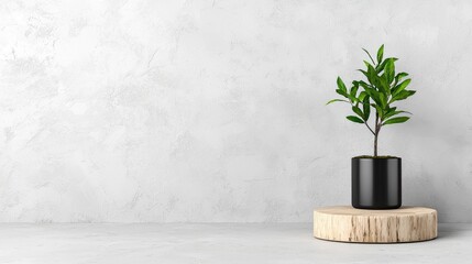 Minimalist plant on wood, concrete wall background. Home decor, website banner