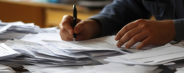 A person is writing on a stack of papers with a pen