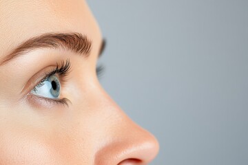 Fototapeta premium Close up side profile of young woman with defined facial structure smooth skin sharp nose and intense gaze into the distance highlighting strong features symmetry and contemplative expression