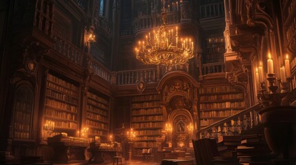 Grand Library: A historic library showcases meticulously arranged antique books. An illuminated chandelier and strategically placed candles, create a warm, inviting glow