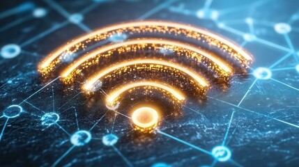 Digital Wifi Signal Icon Illuminated on Technological Background with Network Connections and Data Patterns