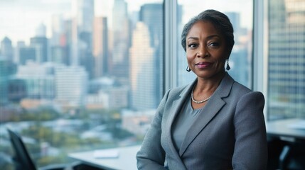 Fototapeta premium A middle-aged Black woman dressed in formal attire stands confidently against a city skyline, showcasing elegance and professionalism in an urban office setting.