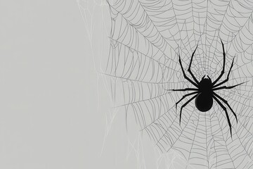 Obraz premium A solitary black spider intricately weaves its web against a soft gray background