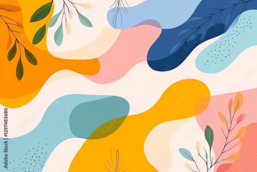 Poster organic shapes in fluid composition with warm earthy tones and vibrant accents creating modern artis