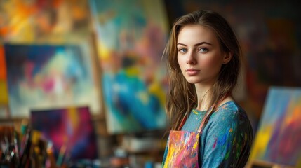 Obraz premium A young Caucasian female artist poses thoughtfully in her colorful studio, surrounded by vibrant paintings and tools, showcasing creativity and passion for art.