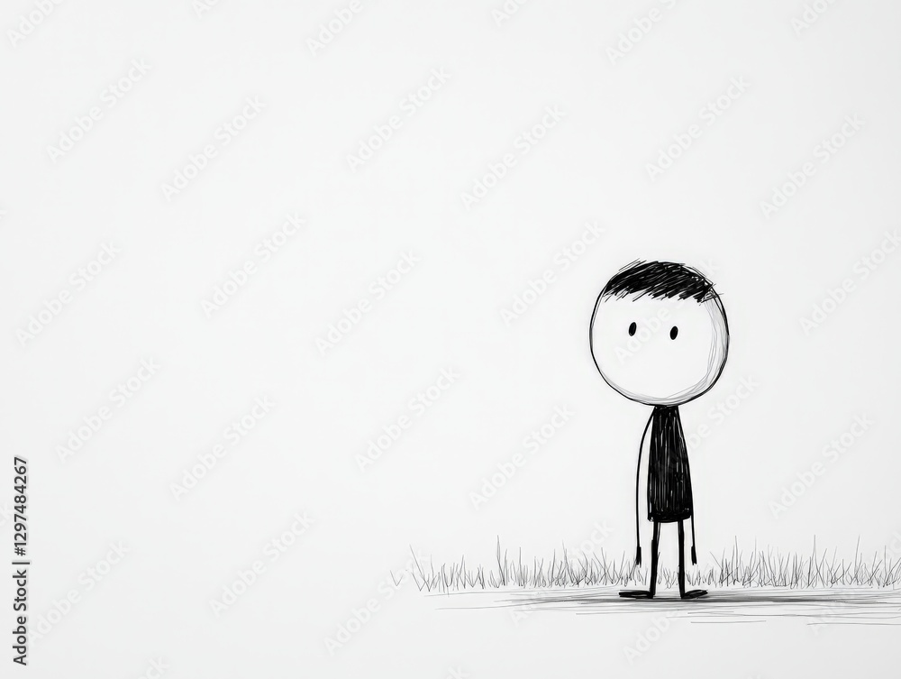 Poster minimalist black and white stick figure with neutral expression standing alone against plain backgro