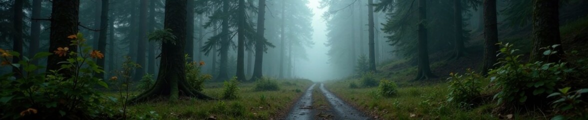 Naklejka premium Abandoned old path winding through fir trees surrounded by dense fog, foggy, trees