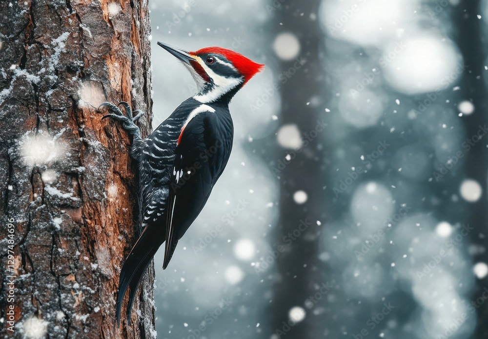 Poster majestic woodpecker with bright red crest perching on tree trunk during snowfall in serene winter fo