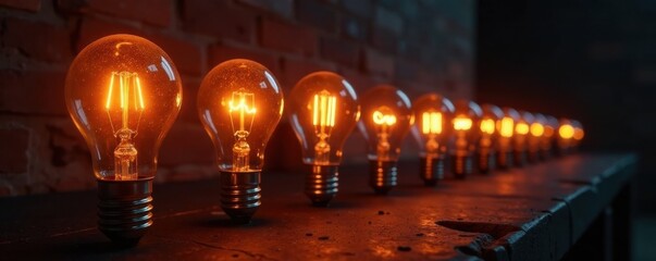 Obraz premium A single glowing light bulb in a row of extinguished ones, casting an eerie glow, shadows, darkness