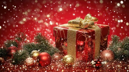 A luxurious Christmas gift box, surrounded by sparkling ornaments and fir branches, set against a bright red background, evoking a festive and elegant holiday mood.